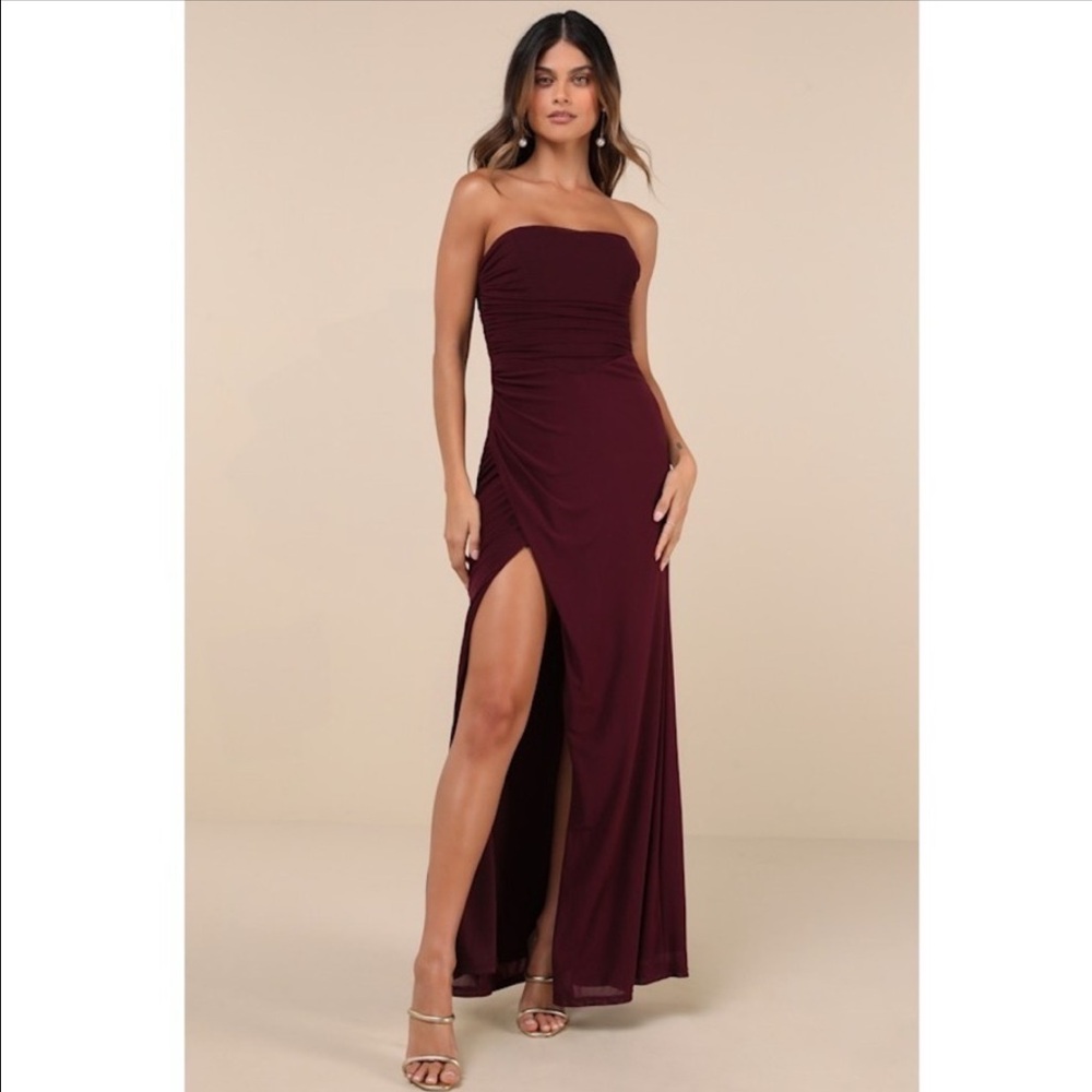 Lulus Burgundy Mesh Strapless Ruched Maxi Dress